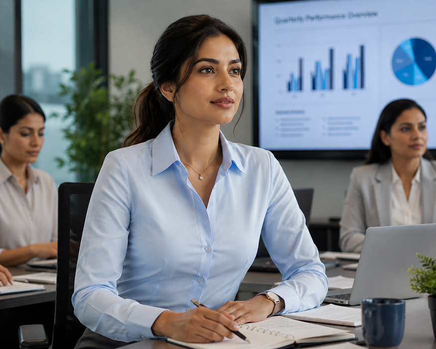 Professional woman in a light blue dress shirt with a crisp structured collar during a corporate meeting