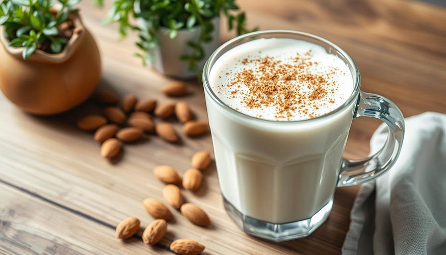 A visually appealing healthy almond milk latte served in a clear glass, topped with creamy froth and a sprinkle of cinnamon, placed on a wooden table, surrounded by almond nuts and a small plant for a fresh touch, soft natural lighting highlighting the textures and colors.