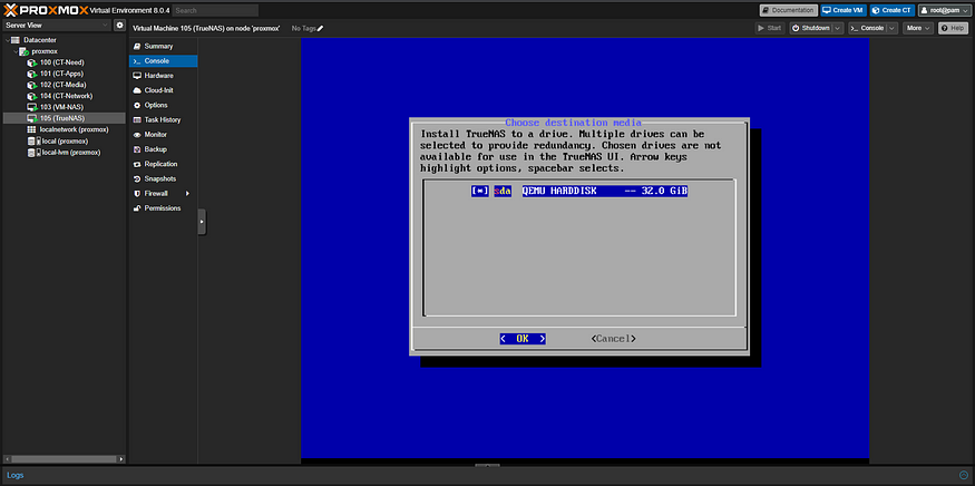 Proxmox TrueNAS VM Console