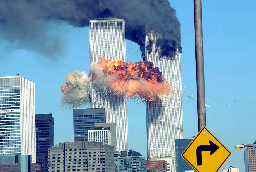 There are Twin Towers during the attack on 9/11 in the picture