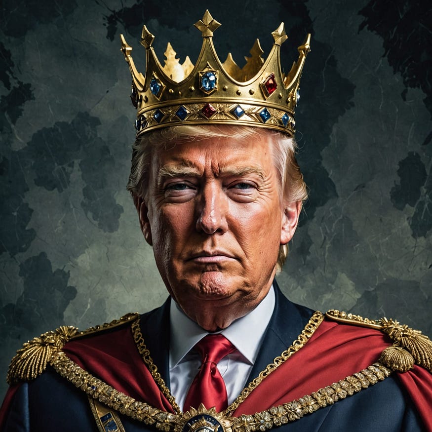 Trump as a king with a crown on his head is in the picture