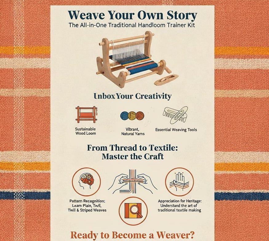 Weave Your Own Story — Traditional Handloom Trainer Kit for Beginners,An illustrated poster showcasing a traditional handloom trainer kit. The kit includes a sustainable wooden loom, natural yarns, and weaving tools. It highlights creative learning benefits such as mastering weaving patterns, understanding textile heritage, and appreciating traditional craftsmanship.