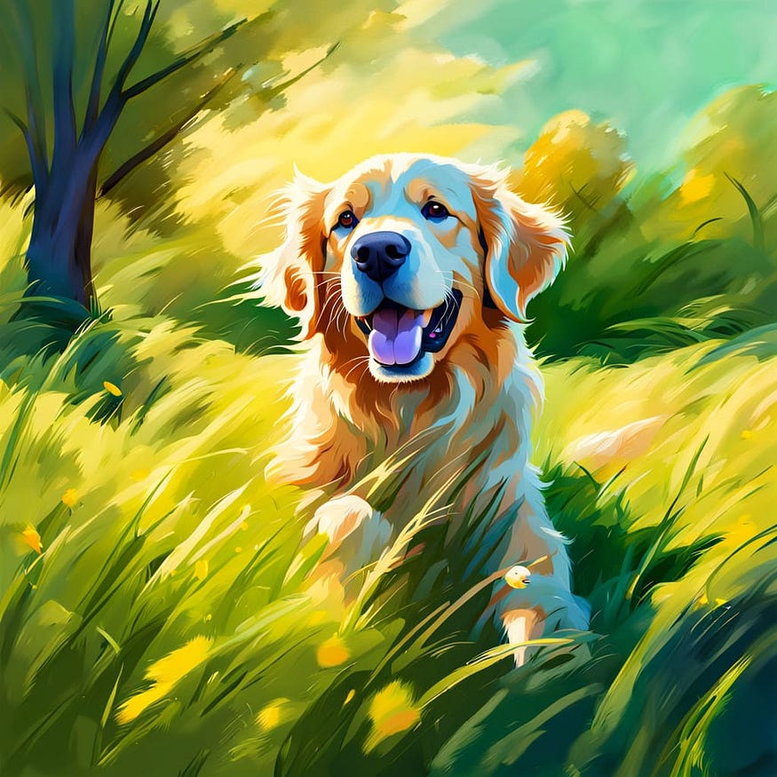 A Golden Retriever dog playing on a green meadow
