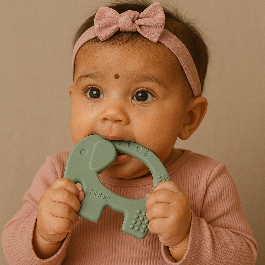 child holding no drop silicone teether with ease