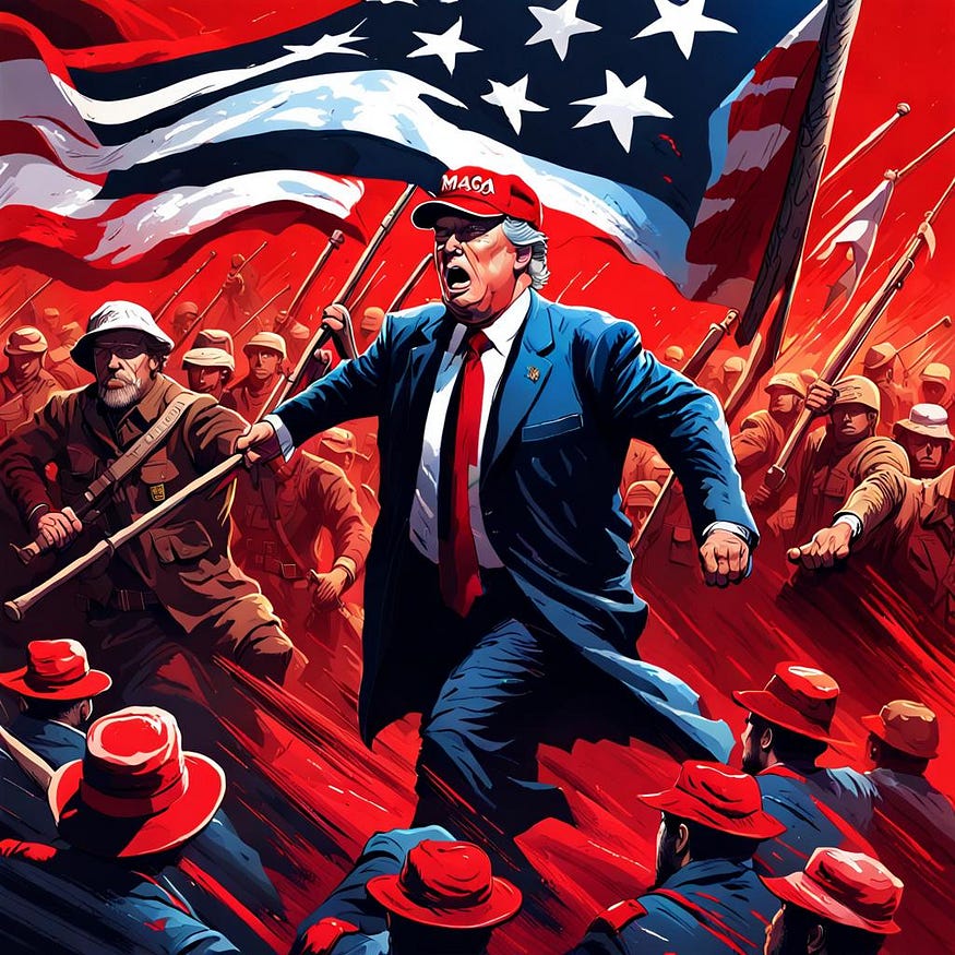Trump holds the flag of the American South and charges the army of the American North, behind him rushes a mob in red hats with the words MAGA