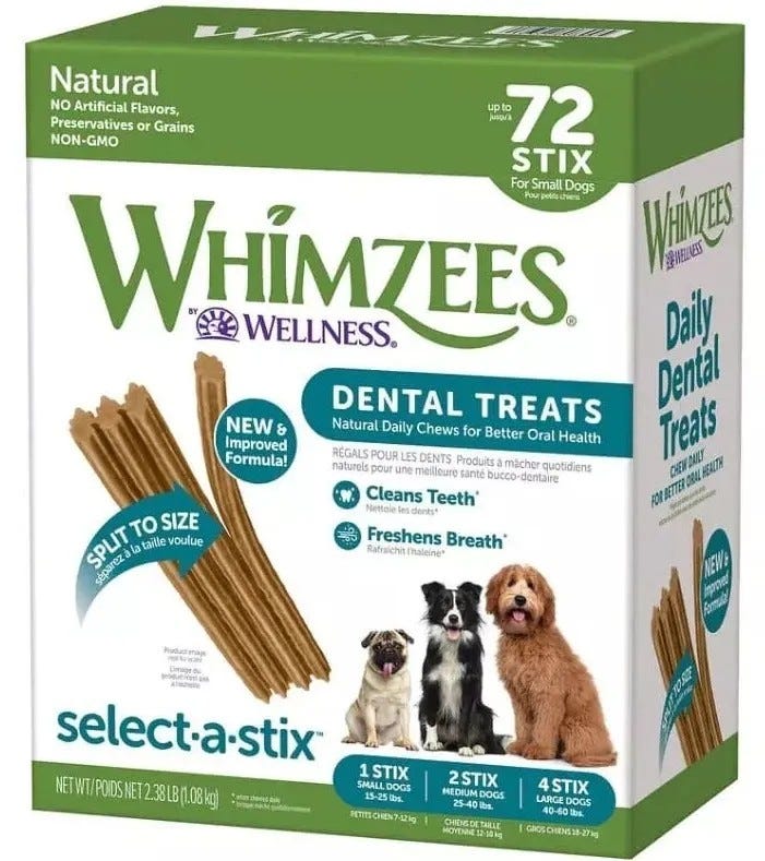 A box of dog treats is in the picture
