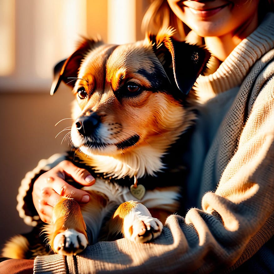 A beautiful little dog puts its paw on its owner’s knee