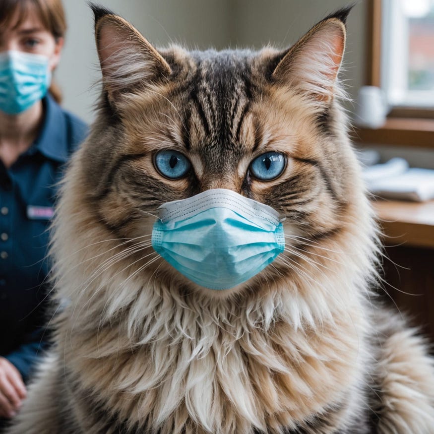A beautiful long-haired cat with blue eyes has a surgical mask over her nose due to bird flu