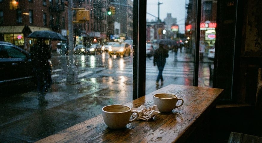 Two coffees gone cold at a table by the window