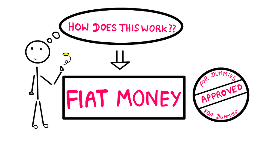How Does Fiat Money Work- A stick figure on the left flips a coin and is asking the following question in its head: “How does this work?” Below this bubble is seen the following word highlighted inside a square block: Fiat Money. Beside this block is a seal that says ‘For Dummies — Approved’ on it.