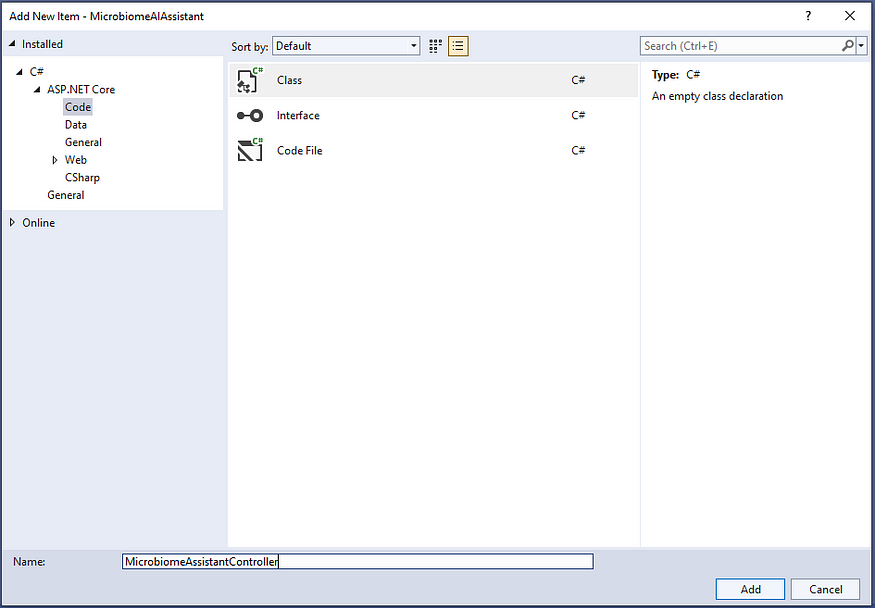 Adding new C# based Controller class for our microbiome assistant