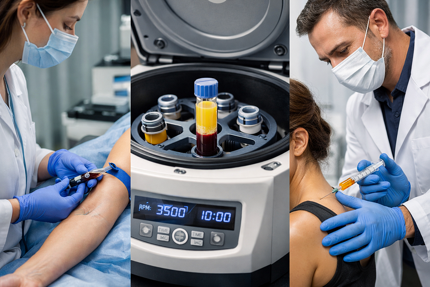A medical collage showing the PRP therapy process: a healthcare professional drawing blood from a patient’s arm, a centrifuge machine separating the blood into layers, and a doctor injecting the concentrated platelet-rich plasma into a patient’s shoulder to treat pain or injury.