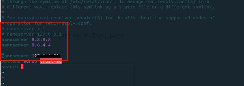 nameserver configuration code in the terminal