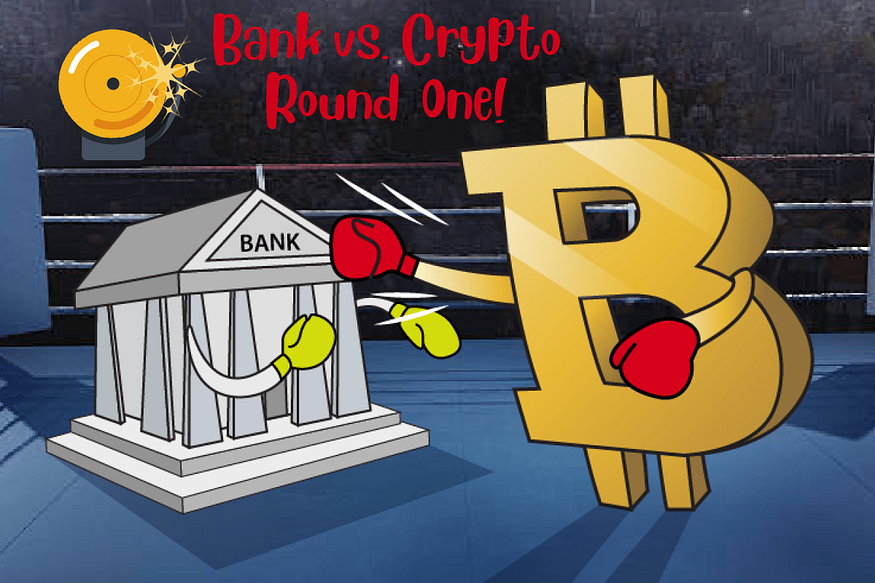 There is a Bitcoin sign with a model of the banking house and they are boxing in the ring wearing boxing gloves