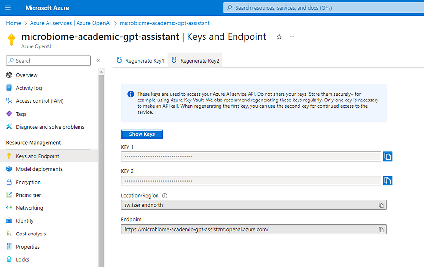 Azure OpenAI instance keys and endpoints