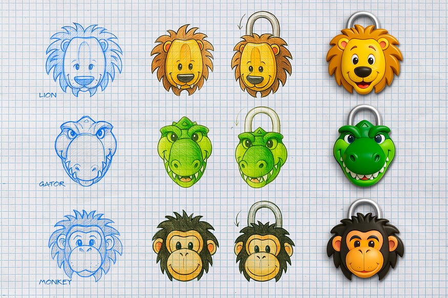 A lineup of four Keepsafe Critters: lion, alligator, monkey, and elephant padlocks, each in custom packaging.