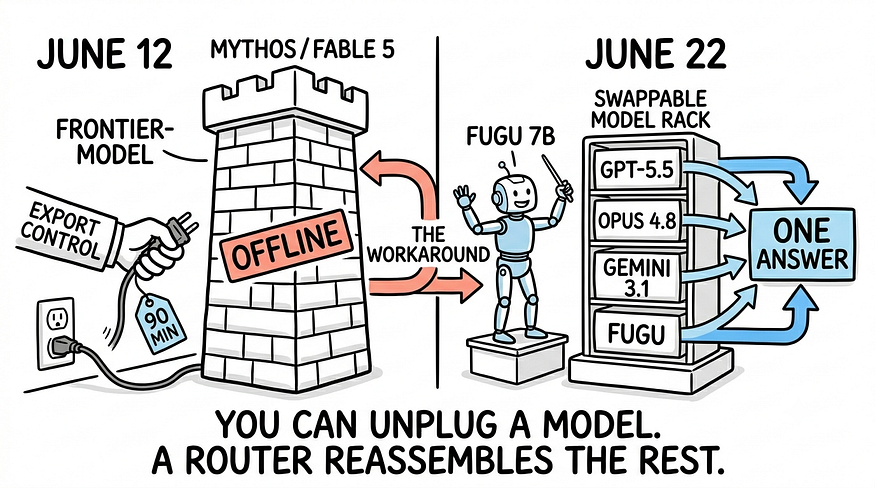 Timeline illustration contrasting June 12 when US export control took Mythos and Fable 5 offline in 90 minutes, with June 22 when Sakana AI’s Fugu 7B router launched as the workaround, routing queries across GPT-5.5, Opus 4.8, Gemini 3.1, and Fugu to produce one answer