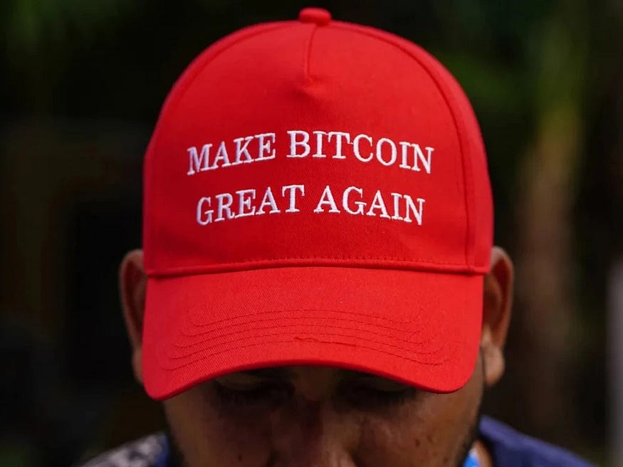 A red hat with “Make Bitcoin Great Again” written on it