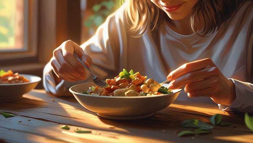 A person calmly and attentively eating a wholesome meal A person calmly and attentively eating a wholesome meal