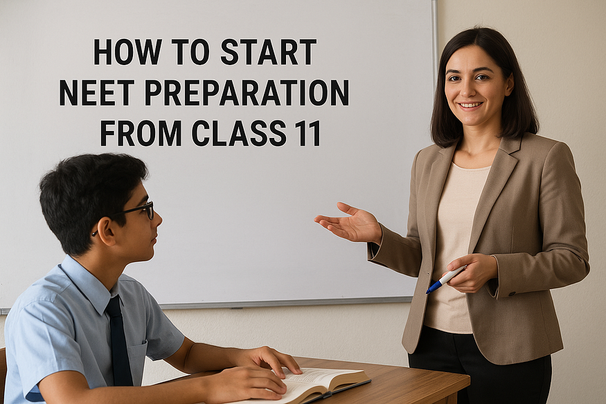 A teacher guiding a Class 11 student during a NEET preparation session in a classroom, representing early NEET study support offered by the best NEET coaching institute in Kurukshetra.