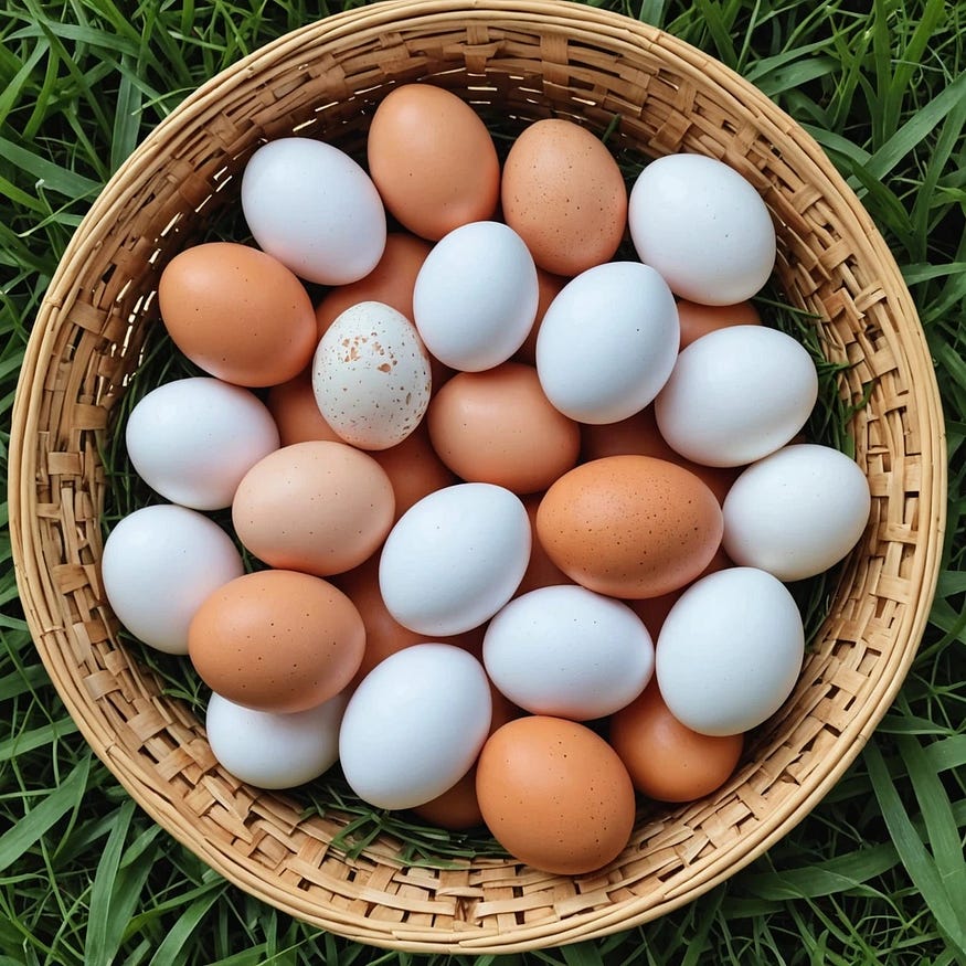 There is a basket full of eggs in this picture