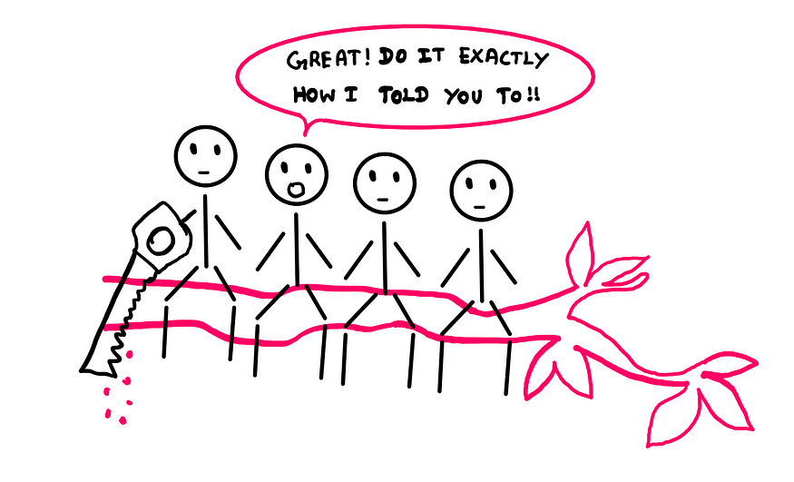 The Theoretical Should: How To Handle The Know-It-All? — An illustration showing four stick figures sitting on a tree branch left to right. The left-most stick figure is sawing off the branch. The stick figure next to him says, “Great! Do it exactly how I told you to!”