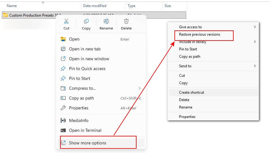 Select “Restore previous versions”
