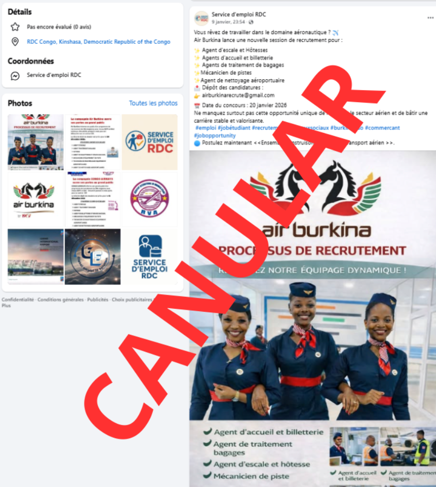CANULAR : cette annonce de recrutement d’Air Burkina est frauduleuse