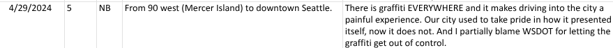 I-90 West from Mercer Island into Seattle. “Our city used to take pride in how it presented itself, now it does not.”