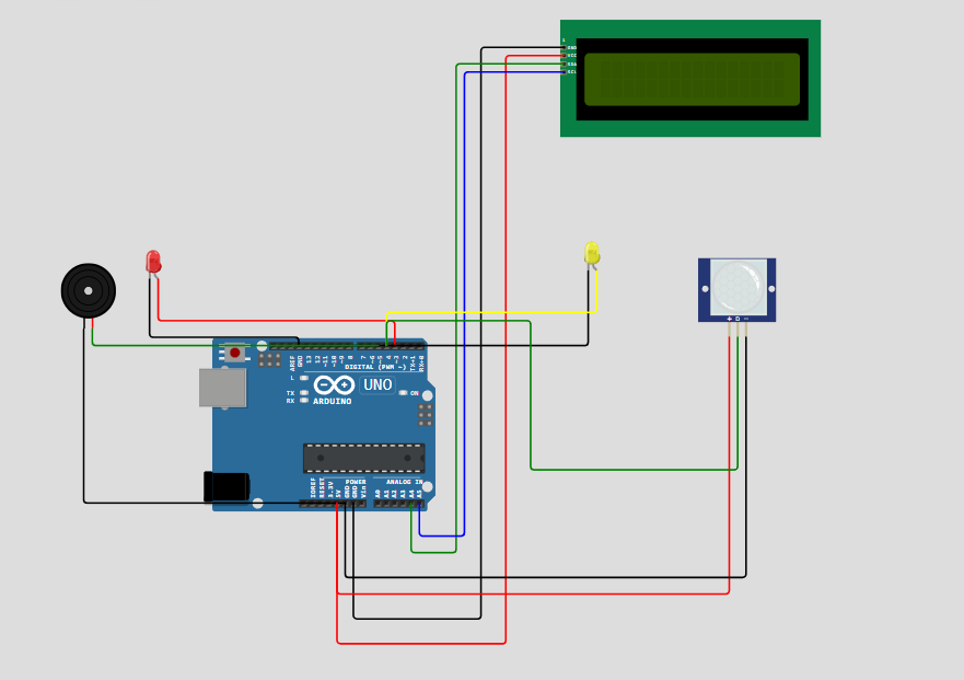 Sistem sensor gerak menggunakan sistem Pir, 2 LED, LCD 12C, Buzzer, dan ...