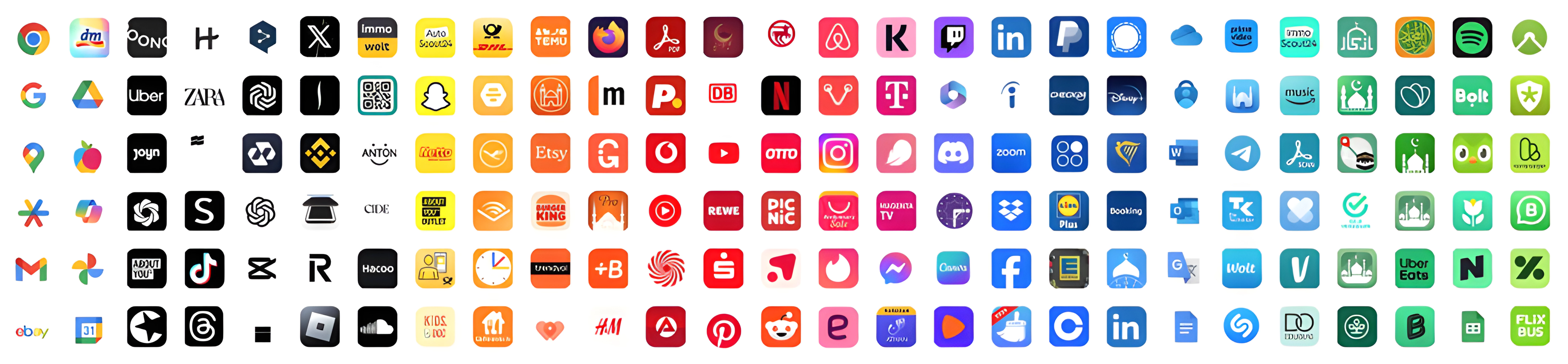 Overview of app icons of various colours