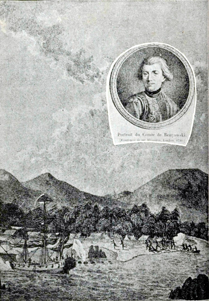 Illustration from Beniowski’s memoirs. We can see the stolen ship in the lower left. Public domain