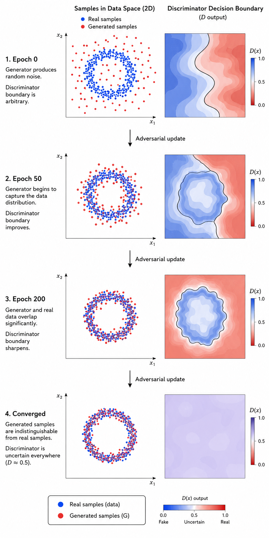 Figure 03 — The adversarial training curriculum. As training progresses, the Generator produces increasingly realistic samples (left column), while the Discriminator refines its decision boundary (right column). At convergence, the generated distribution matches the real distribution so closely that the Discriminator can no longer reliably distinguish them; its output approaches 0.5 everywhere, indicating that the Nash equilibrium has been reached.