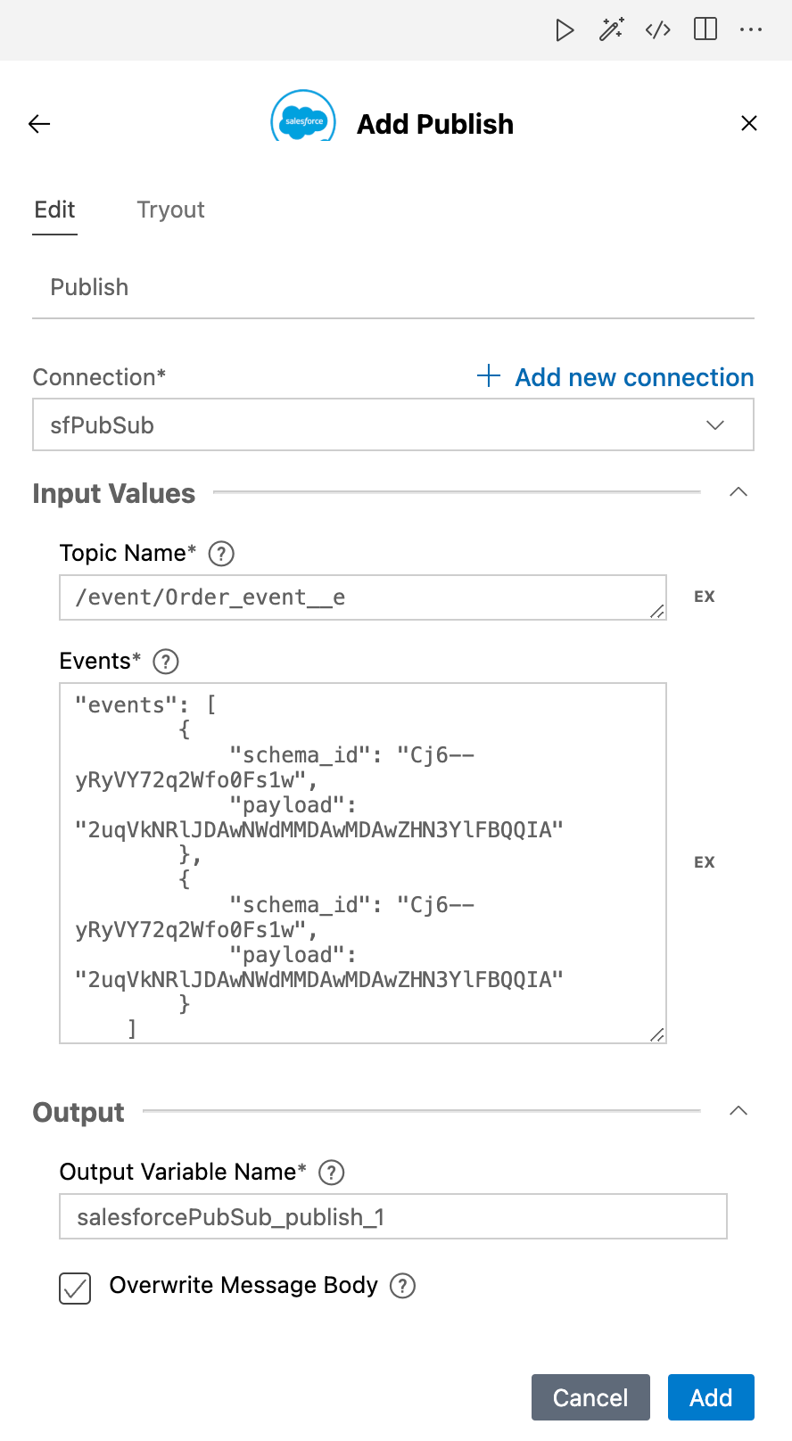 Figure 4: Form for the publish rpc call