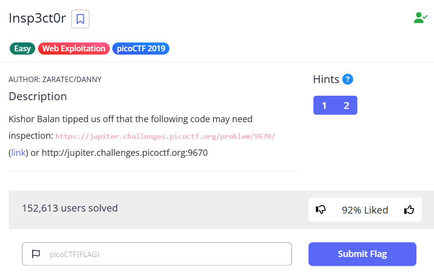PicoCTF 2019: Insp3ct0r — Write-up Web Exploitation (Easy)