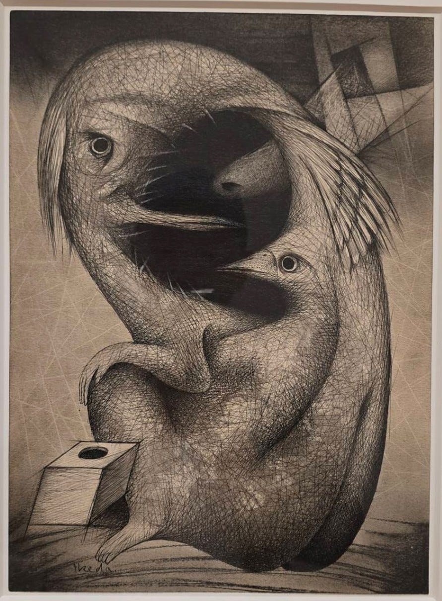 Tokyo Opera City Art Gallery的 奇幻景觀與神秘生物展(幻想の景色と不思議ないきものたち)來自寺田收藏,展期2026年4月16日至6月24日 ,右二作品分別是禽獸記系列之英雄(左,1958年,紙本水彩與炭筆)與無題(右,1958–59年,紙本水彩、墨與炭筆)