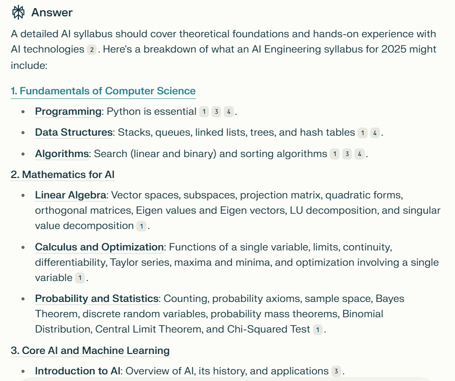 Asking Perplexity for roadmap to learn AI Engineering in 2025