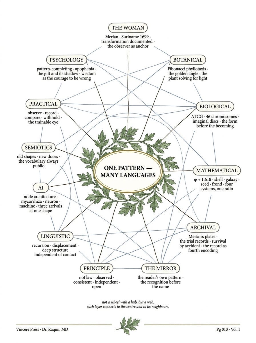 Not a wheel with a hub, but a web. Each layer connects to the centre and to its neighbours. This is the page where the separate pieces become one thing. Vincere Press, Pg 013.