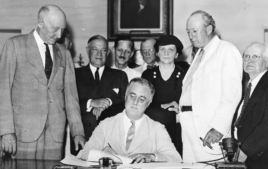 President Roosevelt signing the Social Security Act, on August 14, 1935. | Library of Congress
