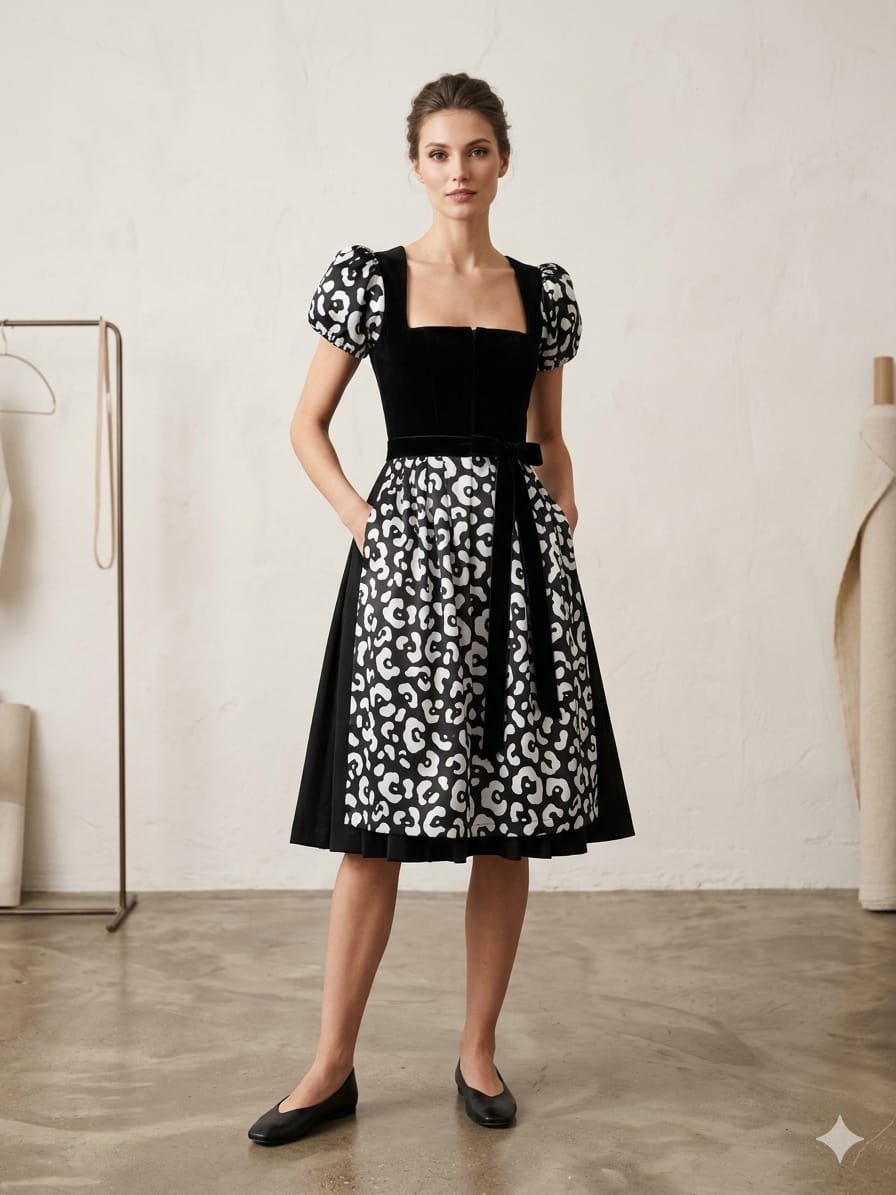 Black Velvet Dirndl Dress with Printed Apron | Handmade Traditional Bavarian Oktoberfest Outfit |…