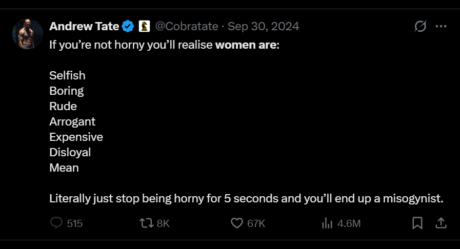 A post calling all women as selfish and disloyal got 67K likes, showing exactly how normal it has become to talk about women this way — Image courtesy of X