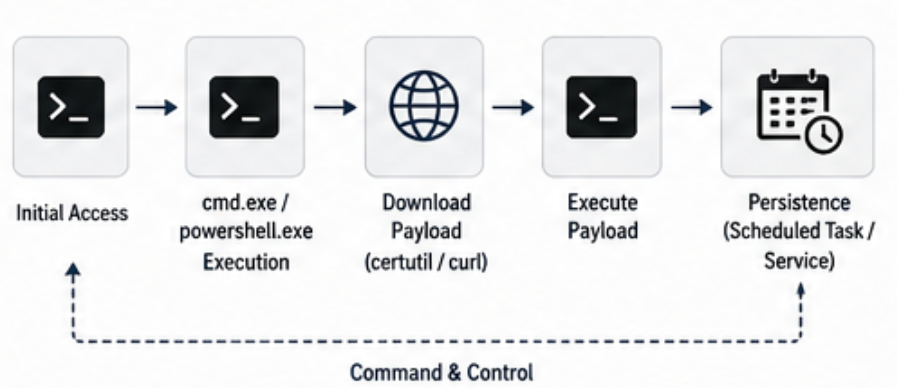 Example attack chain showing how built-in binaries can be used across different stages of activity.