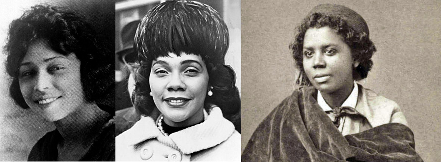 LEFT: Aviator Bessie Coleman’s mother was Black, her father was Cherokee. She was born into a family of sharecroppers on January 26, 1892 in Atlanta, Texas. “Bessie Coleman, circa 1920s.” Wikimedia Commons. Public domain. CENTER: Portrait of Coretta Scott King, 1964. “Coretta’s maternal grandfather, Martin, was born to a slave of Black Native ancestry…” Herman Hiller / New York World-Telegram & Sun. Donated to the Library of Congress. Public domain. RIGHT: Edmonia Lewis (c. 1844–1907) of Black and Ojibwa descent. “Edmonia Lewis achieved international recognition as a sculptor during the second half of the nineteenth century.” Photo circa 1870. Photo and caption from National Portrait Gallery. Wikipedia. Public domain.