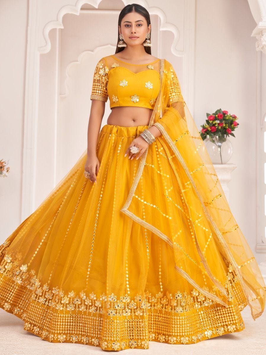 Brocade Mustard yellow beautiful Lehenga Choli  - Rent