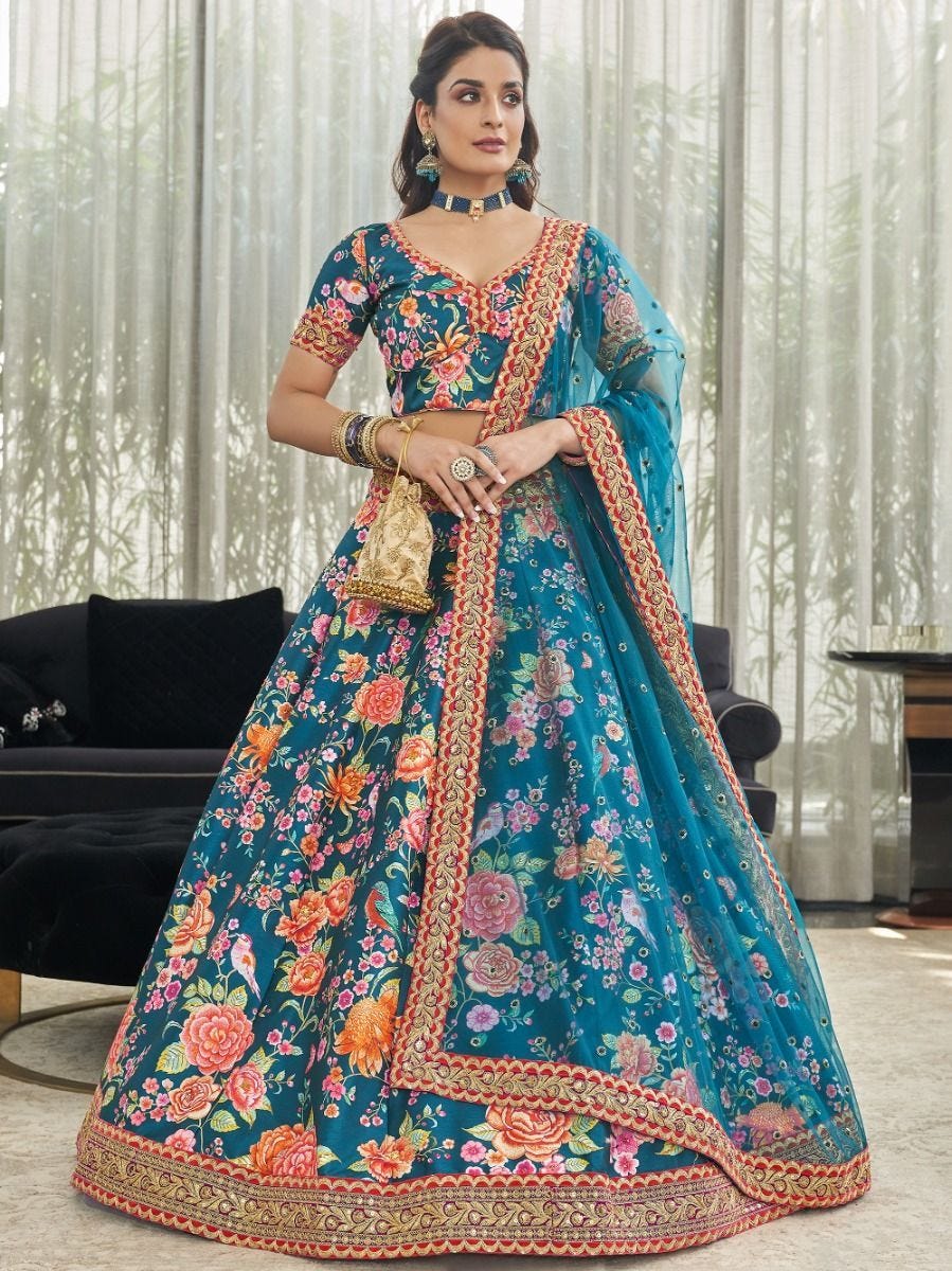 Festive Art Silk Teal Color Embroidered Lehenga Choli