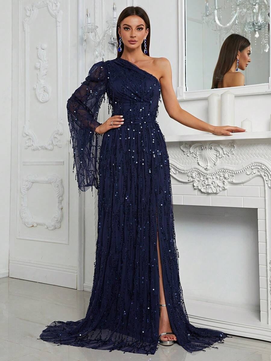 Plus Gorgeous Off Shoulder Beaded Sequin Bodice Split Thigh Tulle Formal Dress