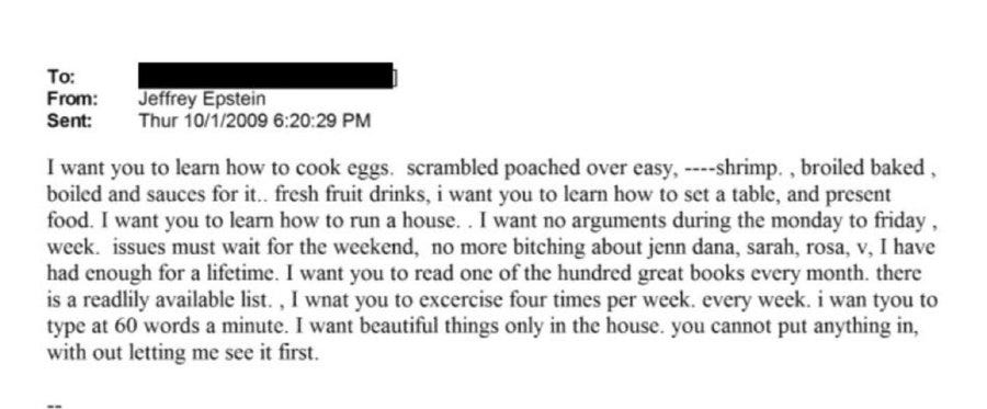This is the actual 2009 email Epstein sent, describing exactly how he expected a woman to cook, exercise, read, and obey. — Image courtesy of X