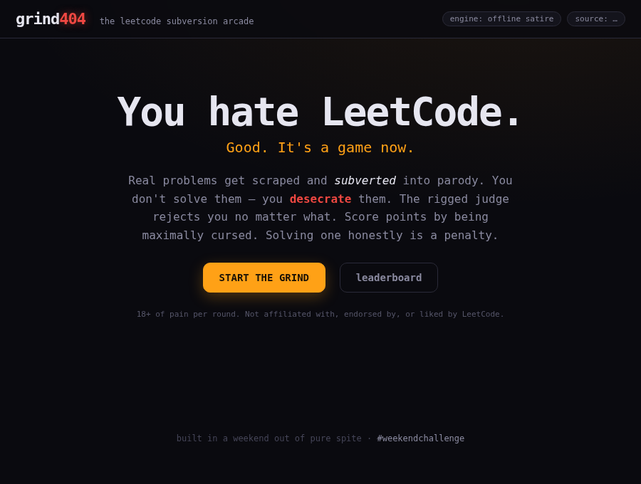 GRIND404: I turned my “Passion” for LeetCode into a playable arcade game