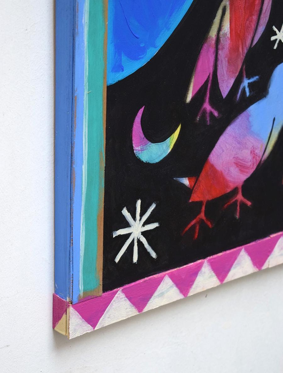 The Starlings of the Motrotón, 70 x 70 cm, mixed media on wood, 2020 by Steven Scicluna via https://stevenscicluna.cargo.site/Starlings