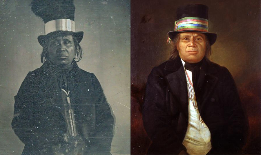 Left: Photograph of Chief Oshkosh of the Menomee in Wisconsin. Accessed from Weird History Stories from historian Chrissy Senecal. 12/25/2025 Right: Painting of Chief Oshkost of the Menomee in Wisconsin, available at Wikipedia. Public Domain.